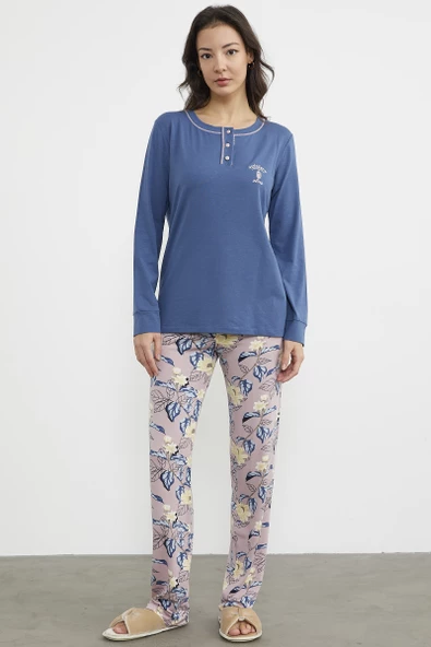 Düz Desenli Kombinli Pijama Takım - Indigo ürün görseli 1