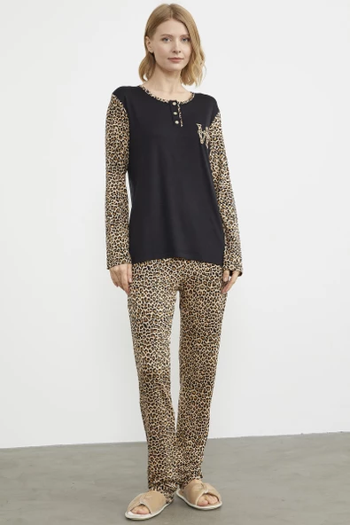 Leopar Düğmeli Yaka Pijama Takım - Siyah ürün görseli 1