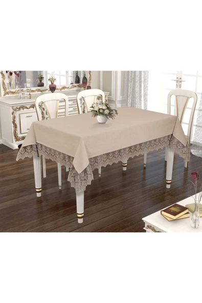 Fransız Dantelli Linen Mira Masa Örtüsü Cappuccino ürün görseli 1