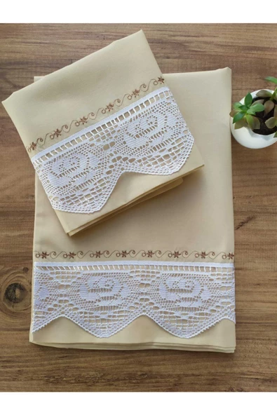 Dantelli Pikolu Çeyizlik Cappuccino 2'li Yastık Kılıfı 50&70 ürün görseli 1