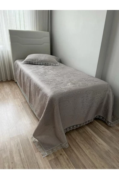 Annoow Tek Kişilik Brokar Yatak Örtüsü Pike Takımı Gri ürün görseli 1