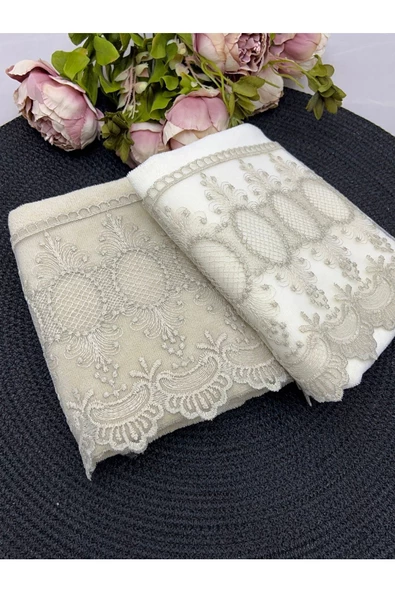 Yakut Fransız Dantelli Kadife El Ve Yüz Havlusu 2'li Set 50/90cm ürün görseli 1