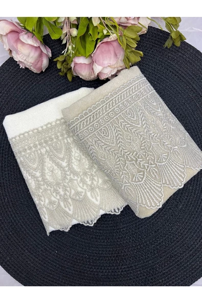 Ahenk Fransız Dantelli Kadife El Ve Yüz Havlusu 2'li Set 50/90cm ürün görseli 1