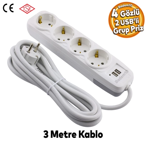 2 USB'li 4'lü Grup Priz 3 Metre Kablolu Fiş Priz Topraklı Çoklu Grup Priz Çoğaltıcı Dörtlü ürün görseli 1