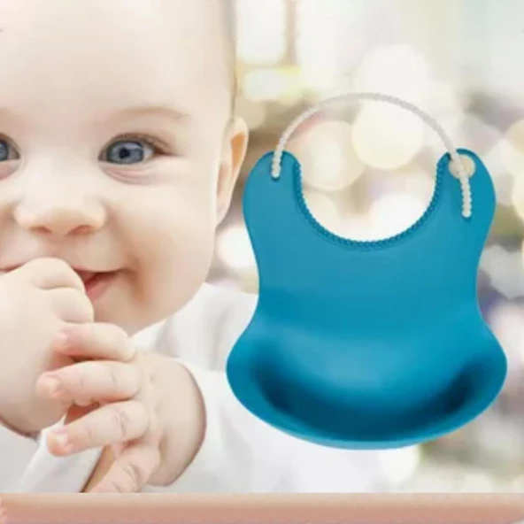 Mama Önlüğü Mavi Çocuk Bebek Mama Dökülme Engelleyici Bükülebilir Önlük ürün görseli 1