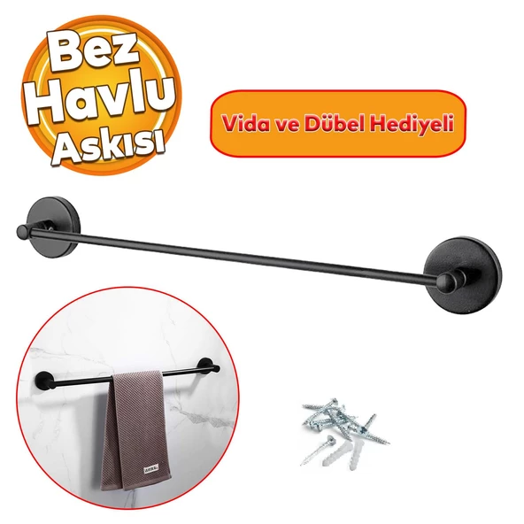 Vidalı Askılık Sağlam Askı Metal Siyah Bez Havlu Asma Askısı Aparatı 42 cm Banyo Lavabo ürün görseli 1