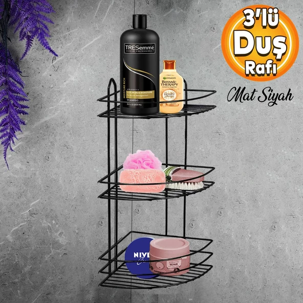 Banyo Duş Rafı Şampuanlık Köşelik Oval Siyah 3 Katlı Malzemelik Organizer Düzenleyici Mutfak Eşya Rafı ürün görseli 1
