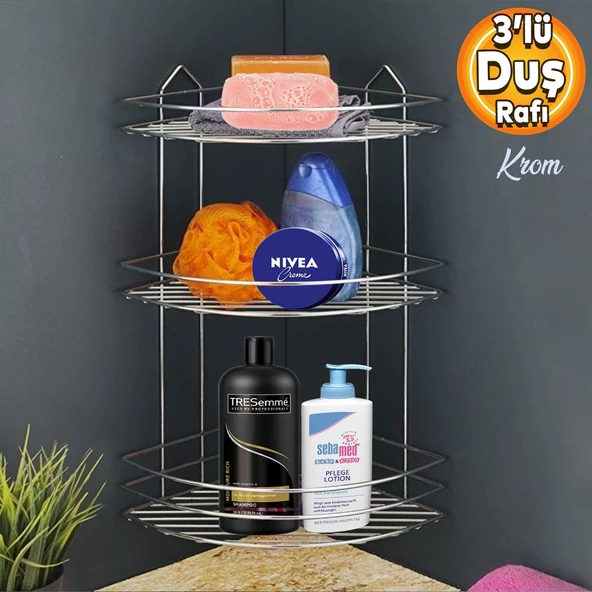 Banyo Duş Rafı Şampuanlık Köşelik Oval Krom 3 Katlı Malzemelik Organizer Düzenleyici Mutfak Eşya Rafı ürün görseli 1