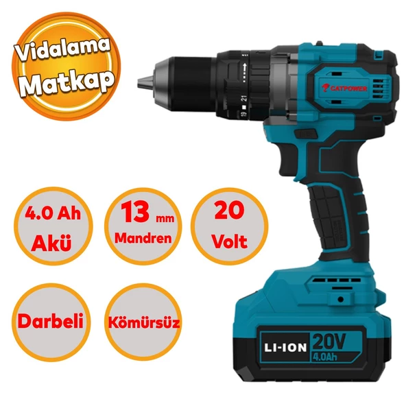 Tek Akülü 4.0 Ah Li-ion Batarya 20 Volt Çift Vitesli 2.0 Ah Darbeli Vidalama Kömürsüz 13 mm Mandren ürün görseli 1