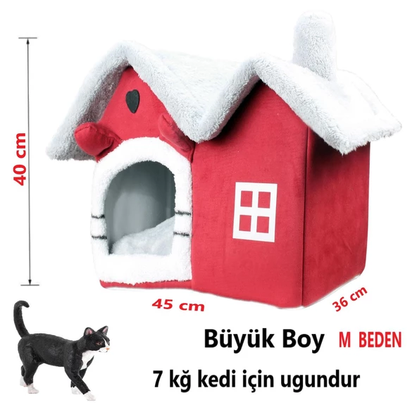 Tineke Kedi evi Yumuşak kedi yatağı derin uyku ve kış evi çıkarılabilir minder -VİLLA ( KIRMIZI )1ADET BÜYÜK BOY ürün görseli 1