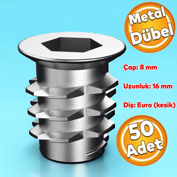 Metal Euro Dişli Dübel Ahşap Dübeli M6 8x16 Diş Çinko Mobilya Bağlantı Ünite Birleştirme (50 ADET) ürün görseli 1