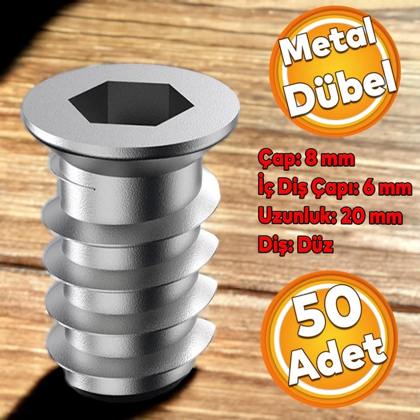 Metal Düz Dişli Dübel Ahşap Dübeli M6 8x20 Diş Çinko Mobilya Bağlantı Ünite Birleştirme (50 ADET) ürün görseli 1