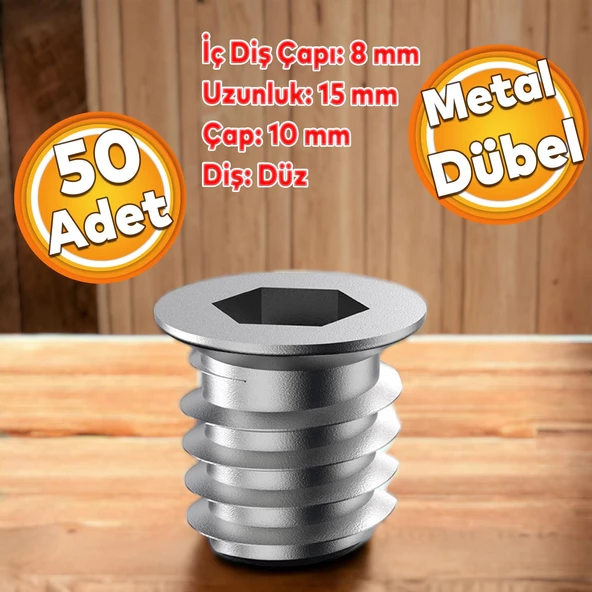 Metal Düz Dişli Dübel Ahşap Dübeli M8 10x15 Diş Çinko Mobilya Bağlantı Ünite Birleştirme (50 ADET) ürün görseli 1