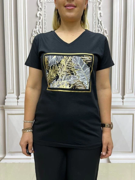 Çerçeveli Yaprak Tshirt - SİYAH - Resim 3