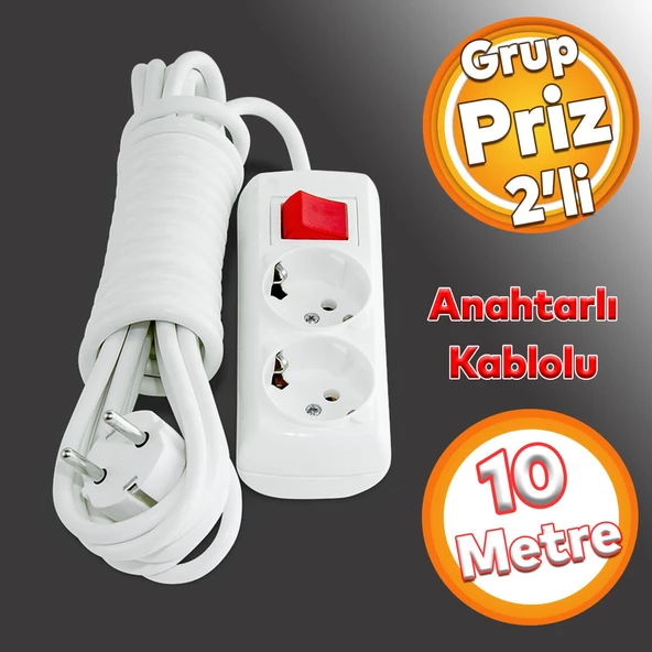 Kablolu 2'li Grup Priz Fiş 10 Metre Topraklı Anahtarlı Düğmeli Çoklu Çoğaltıcı Asmalı Uzatma ürün görseli 1