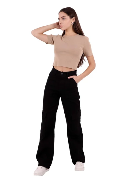 Kargo Cepli Detaylı ve Yüksek Belli Tam Boy Hip-Hop Relaxed Kadın Kargo Kot Pantolon Siyah Denim ürün görseli 1