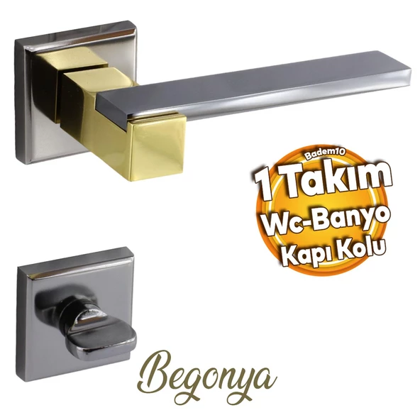 Begonya Lüx Füme Gold Kare Rozetli Wc-Banyo Uyumlu Kapı Kolu Sağa ve Sola Uygun Kapı Kolları 1 Takım ürün görseli 1