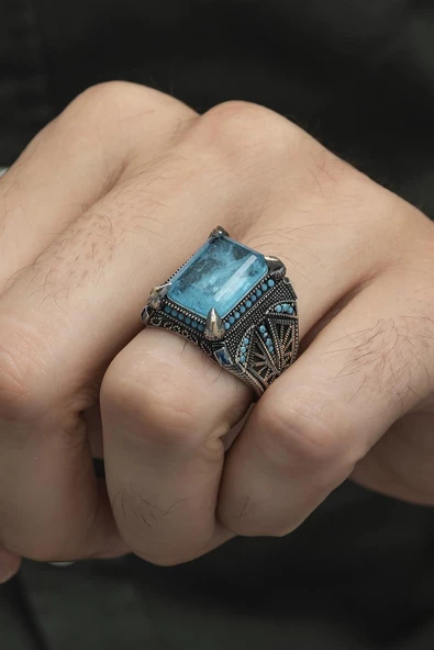 Kare Mavi Paraiba Taşlı 925 Gümüş Erkek Yüzük ürün görseli 1