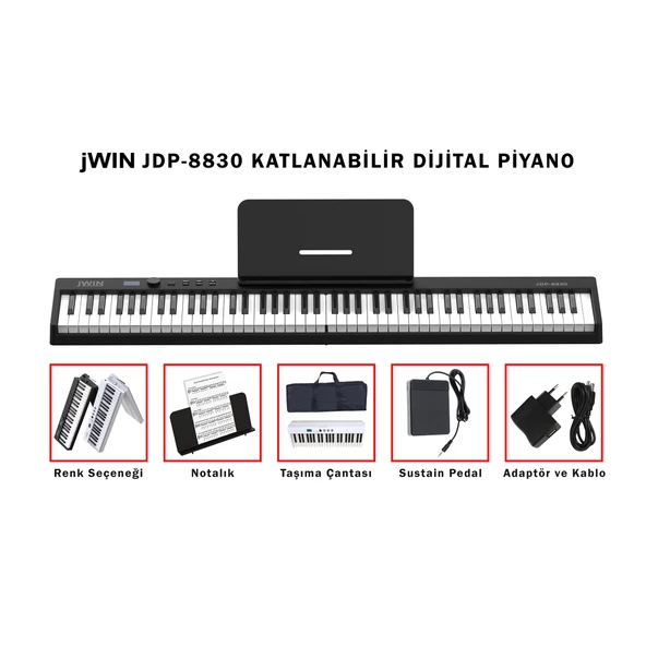 Jwin JDP-8830 Tuş Hassasiyetli Katlanabilir Bluetooth + Şarjlı Piyano - Siyah ürün görseli 1