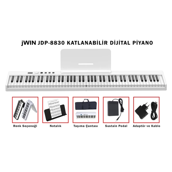 Jwin JDP-8830 Tuş Hassasiyetli Katlanabilir Bluetooth + Şarjlı Piyano - Beyaz ürün görseli 1