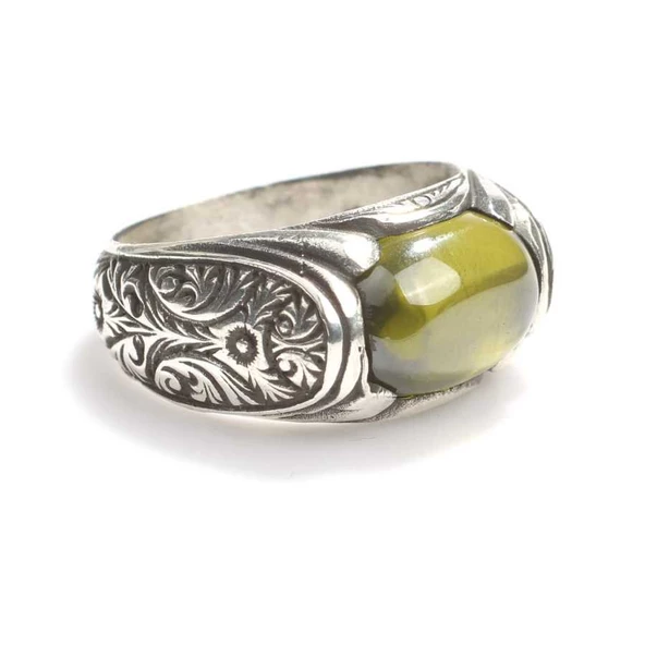 925 Ayar Gümüş Oval Taşlı Peridot Erkek Yüzük ürün görseli 1