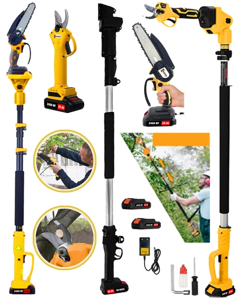 Wacker Pro Alman 3lü Set Yellow 2400 Wf 25 Ah 2 Akülü Dal Budama +Bağ Makası + 2.7 Metre Teleskopik Uzatma Hediyeli ürün görseli 1