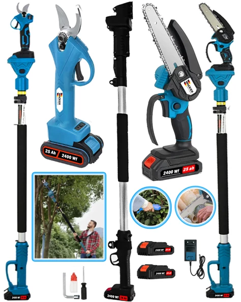 Wacker Pro Alman 3lü Set Blue 2400 Wf 25 Ah 2 Akülü Dal Budama +Bağ Makası + 2.7 Metre Teleskopik Uzatma Hediyeli ürün görseli 1