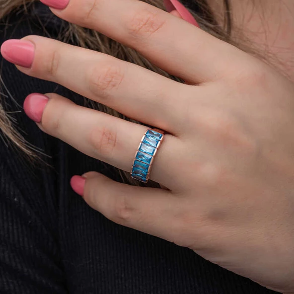 Gümüş Rose Baget  Aquamarine Taşlı Kadın Yüzük ürün görseli 1