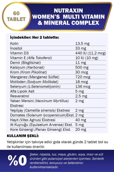 Nutraxin Multivitamin Kadın - Multivitamin & Mineral Complex 60 Tablet - Resim 3