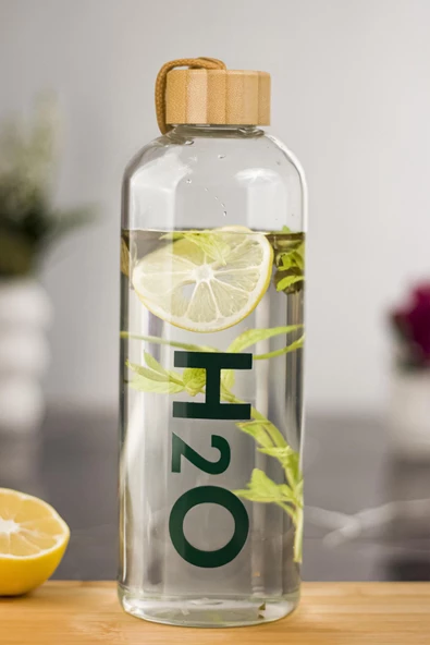 H2o Borosilikat Cam Matara Vakum Kapaklı Su Şişesi Suluk Bambu Kapaklı 1000 Ml ürün görseli 1