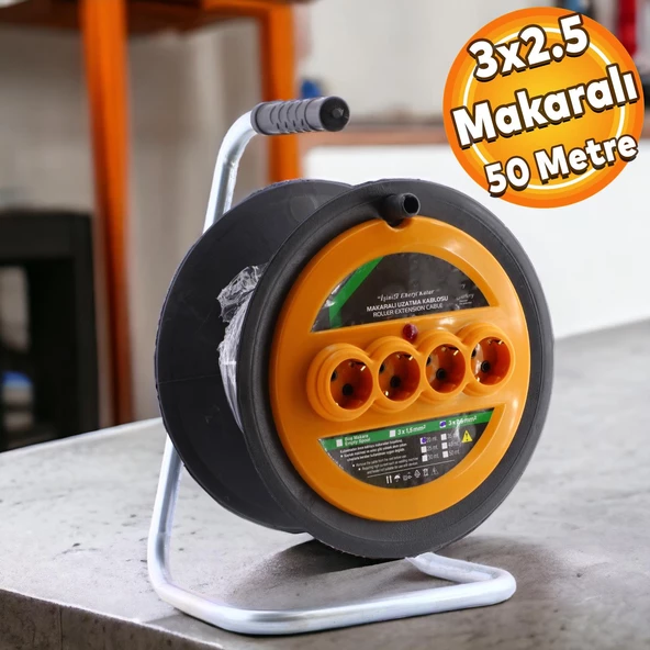 Plastik Makaralı Ev Elektriği Monofaze Seyyar 4 Prizli Uzatma Kablosu 3x2.5 mm TTR Kablo 50 Metre ürün görseli 1
