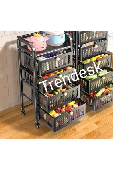 TRENDESK 4 Katlı Metal Siyah Çekmeceli Tekerlekli Patates Soğan Sepeti Sebze Meyve Sepeti Sebzelik ürün görseli 1