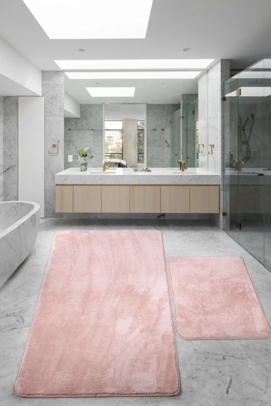 Relax Pudra 80x150 + 50x80 cm Büyük Ebat 2li Banyo Halısı Paspası Seti Kaymaz Klozet Takımı ürün görseli 1