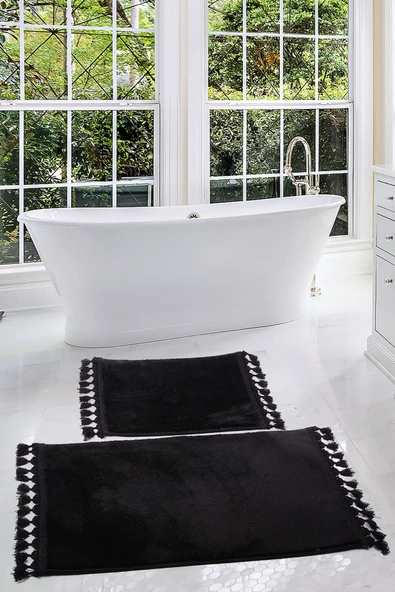 Relax Siyah 60x100 + 50x60 cm 2li Köşeli Ponpon Saçaklı Banyo Halısı Paspası Seti Kaymaz Tabanlı ürün görseli 1