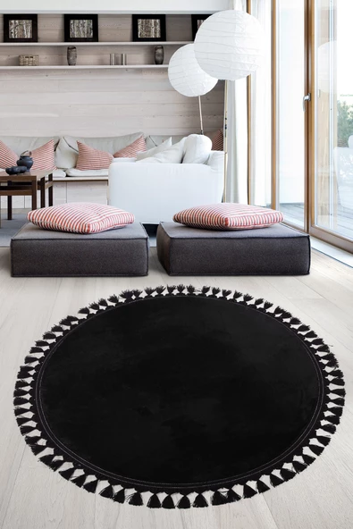 Relax Siyah Yuvarlak 100x100 Cm Ponpon Saçaklı Kaymaz Tabanlı Makinede Yıkanabilir Banyo Paspası ürün görseli 1