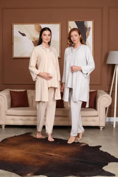 BirolGaye Bone Club 5711 Bej Hamile Lohusa 3 Lü Pijama Sabahlık Tk ürün görseli 1