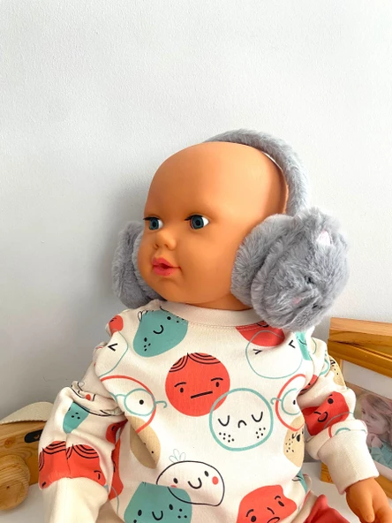 Neşeli Bebekler Kedi Desen 2-8 Yaş Arası Isıtıcı Boy Ayarlanabilir Kulaklık Gri ürün görseli 1