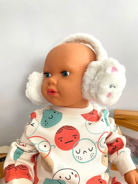 Neşeli Bebekler Kedi Desen 2-8 Yaş Arası Isıtıcı Boy Ayarlanabilir Kulaklık Beyaz ürün görseli 1
