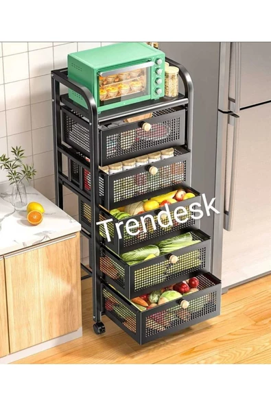 TRENDESK 5 Katlı Metal Siyah Çekmeceli Sebze Meyve Sepeti Mutfak Organizer Düzenleyici ürün görseli 1