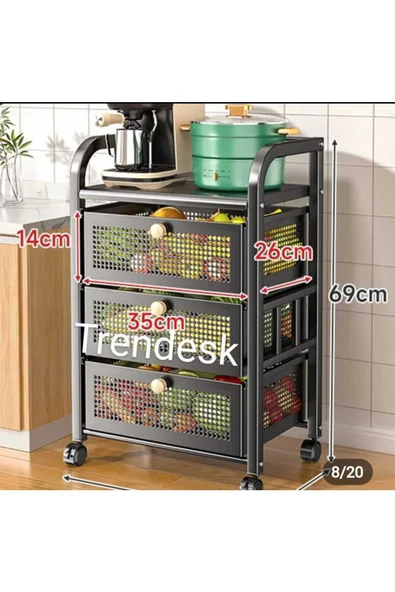 TRENDESK 3 Katlı Metal Siyah Çekmeceli Tekerlekli patates soğan sepeti sebze meyve sepeti sebzelik ürün görseli 1