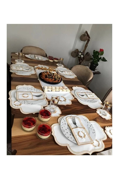Başak Krem Gold 8 Kişilik 25 Parça Amerikan Servis ve Runner Seti Nakışlı Deri Yemek Sunum Takımı ürün görseli 1