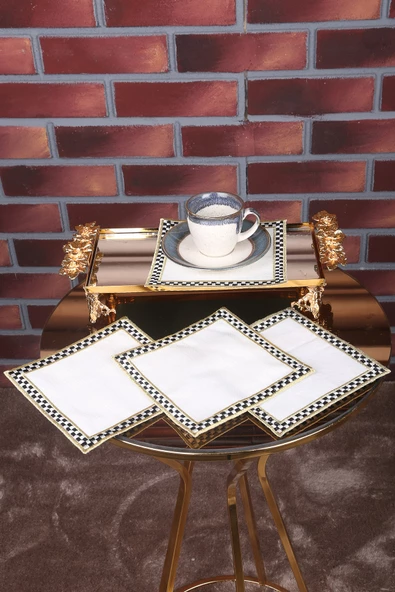 Damalı 6lı Linen Keten Kahve Yanı Kokteyl Sunum Parti Peçetesi Nakış Işlemeli Sunumluk ürün görseli 1