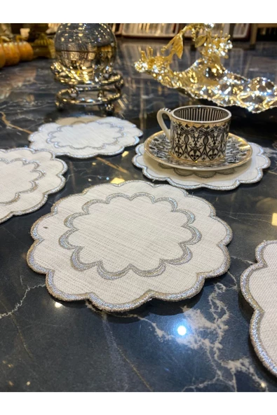 Galaxy Gümüş 6lı Linen Keten Kahve Yanı Kokteyl Sunum Parti Peçetesi Nakış Işlemeli Sunumluk ürün görseli 1