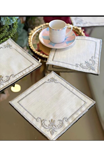 Köşeli Gri 6lı Linen Keten Kahve Yanı Kokteyl Sunum Parti Peçetesi Nakış Işlemeli Sunumluk ürün görseli 1