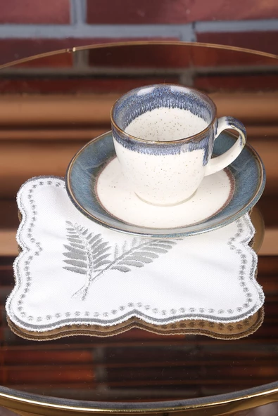 Palmiye Yaprak Gümüş 6lı Linen Keten Kahve Yanı Kokteyl Sunum Peçetesi Nakış Işlemeli Sunumluk ürün görseli 1