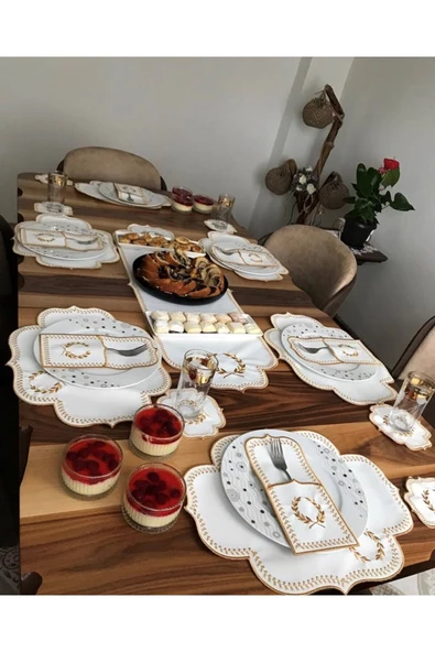 Başak Krem Gold 8 Kişilik 25 Parça Masa Örtüsü Nakışlı Deri Runner Seti Yemek Sunum Takımı ürün görseli 1
