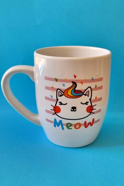 Meow Sevimli Kedi Baskılı Kupa Beyaz ürün görseli 1