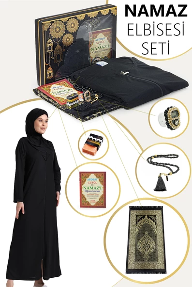 Siyah Kadın Pratik Başörtülü Fermuarlı Tek Parça Namaz Elbisesi Seccade Seti ürün görseli 1