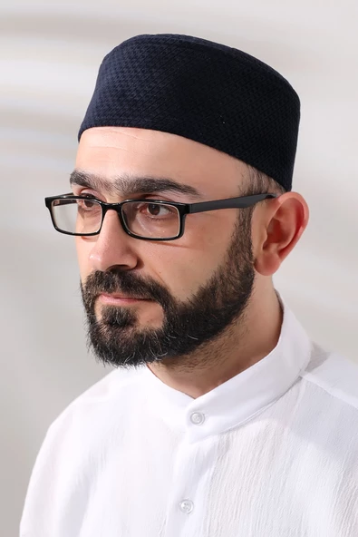 Lacivert Petek Kareli Kadife Kalıp Namaz Takkesi ürün görseli 1