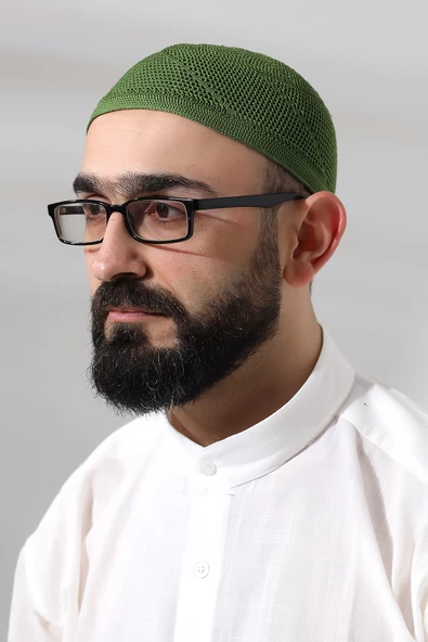 Fıstık Yeşili Dantel Detaylı Örme Gold Namaz Takkesi ürün görseli 1